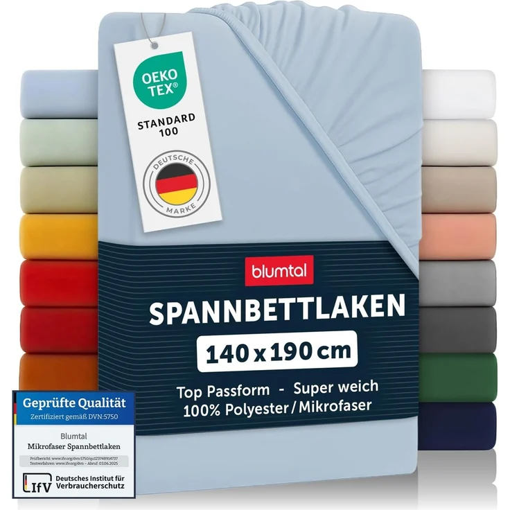 Blumtal® Spannbettlaken 140x190 cm - Bettlaken 140x190 aus Microfaser im 2er Set - Oekotex zertifiziertes Spannbetttuch 140x190 - Spannbettlaken 140x190 / Spannleintuch 140x190 cm - Hellblau – Bild 1