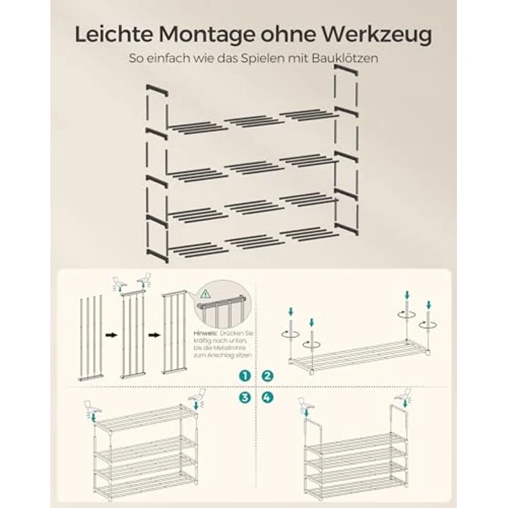 SONGMICS Schuhregal 4 Ebenen, Schuhständer Metall, Schuhaufbewahrung, Schuh-Organizer, aufrecht oder umgedreht, für 25-30 Paar Schuhe, stapelbar, Flur, 30 x 117 x 75 cm, schwarz LSA034B01 – Bild 8