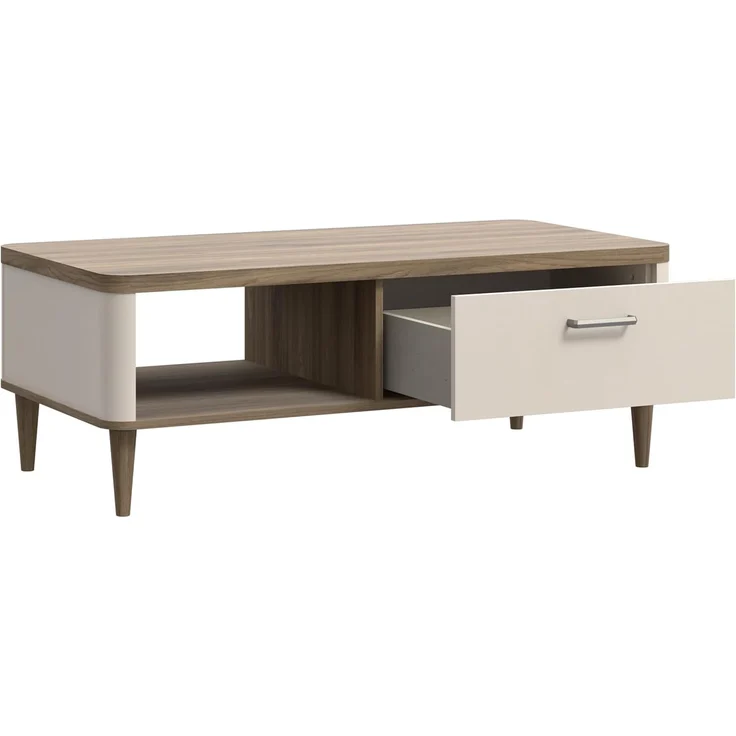 Forte LACETTI Couchtisch 120, moderner Sofatisch mit Skandi Lamellen Design, 1 Schublade, Kaschmir | Beige mit Valencia Eiche Holzdekor, 120 cm breit x 43,7 cm hoch x 60 cm tief – Bild 6