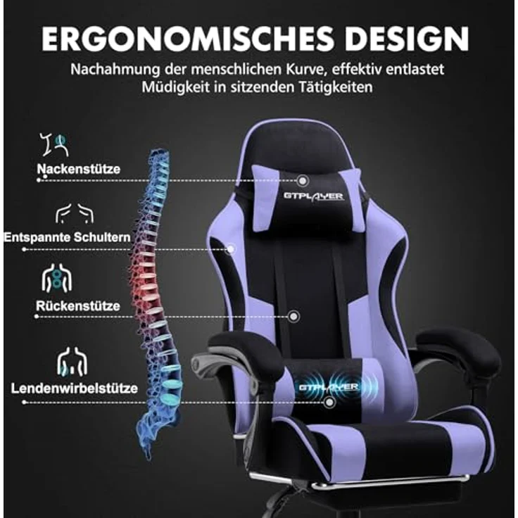 GTPLAYER Gaming Stuhl, Bürostuhl, Ergonomischer Pc Stuhl, Gaming Sessel mit Massagelendenwirbelstütze, Task Stühle mit Fußstütze und Kopfstütze, Lila Stoff – Bild 7