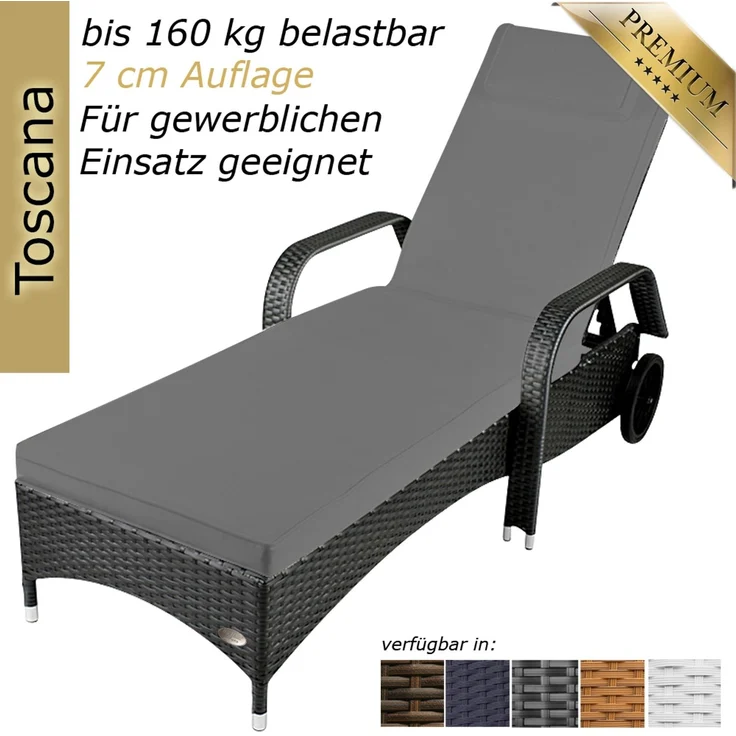 Sonnenliege Toscana (inkl. Auflage, Farbe wie abgebildet) aus hochwertigen Kunstrattan, Liegen Farbe: Grau-Silber mit grauer Auflage – Bild 1