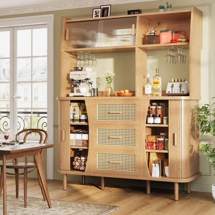 Merax Hochwertiger Buffetschrank mit Rattanoptik & Glasschiebetüren, 174,5cm hoher Küchenschrank mit Stauraum, Naturholz-Optik, belastbar bis 60kg – Bild 2