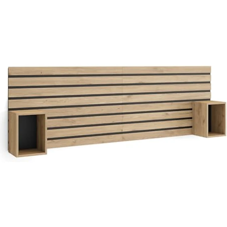 Skraut Home | Kopfteil, Nachttischen | Lamellenwand Holz | 214 x 70 x 3 | 135,140,150,160 cm Bett | Stauraum | Moderner Stil | Eiche – Bild 2