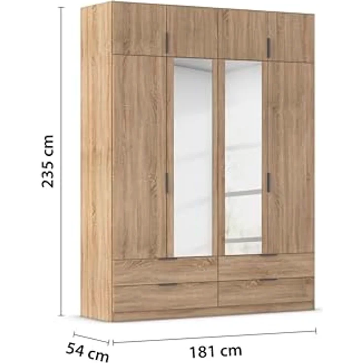 Rauch Möbel Lagoa, Kleiderschrank, Garderobe für Schlafzimmer, Kinderzimmer, Jugendzimmer 8-türig, mit Spiegel, 4 Schubladen, mit Zubehör Classic, Farbe Eiche Sonoma, Holz, Breite 181 – Bild 4