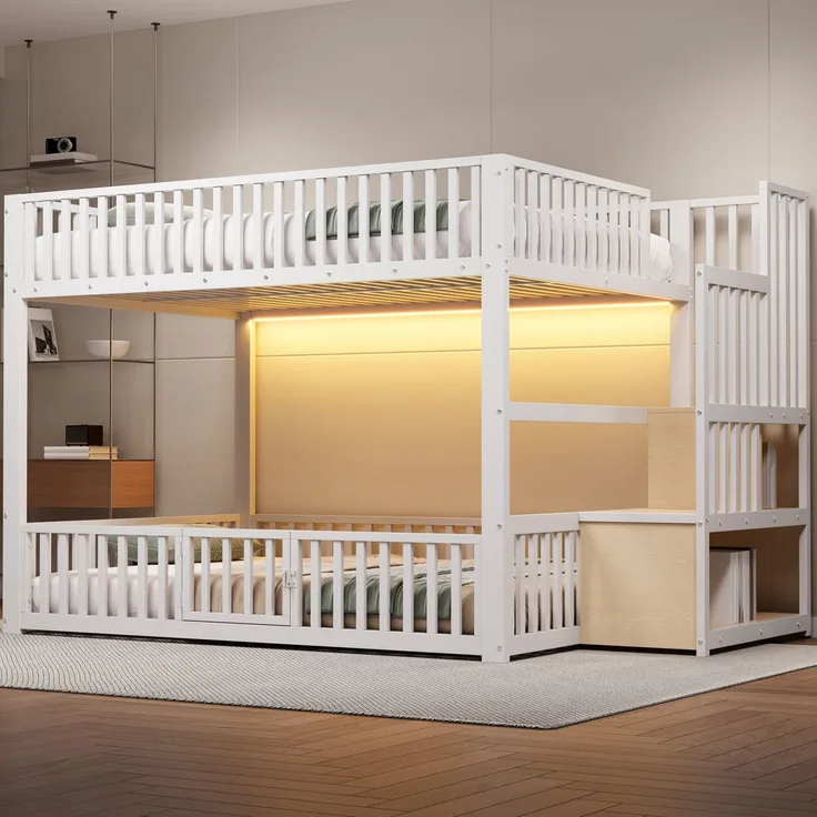 EINHOM 140 x 200 cm Etagenbett mit Stauraumleiter, mit LED, Weiß (Ohne Matratze)