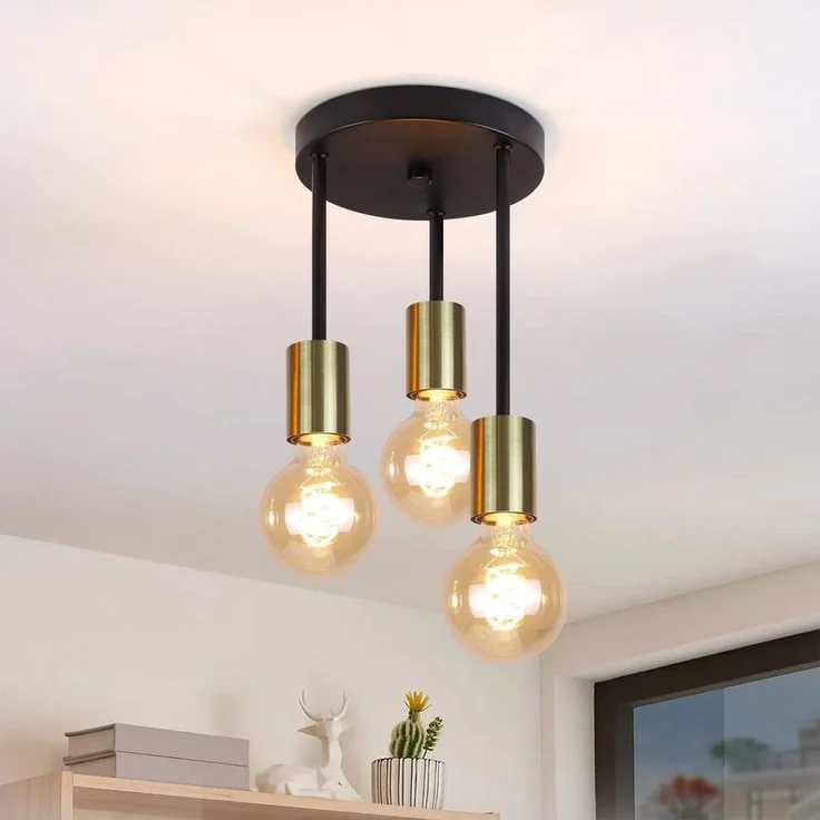 Nettlife Deckenleuchte Gold 3 Flammig Vintage Deckenlampe E27 Schwarz Hängend mit 3 Spots, LED wechselbar, für Esszimmer Küche Flur Wohnzimmer Bar Restaurant – Bild 5