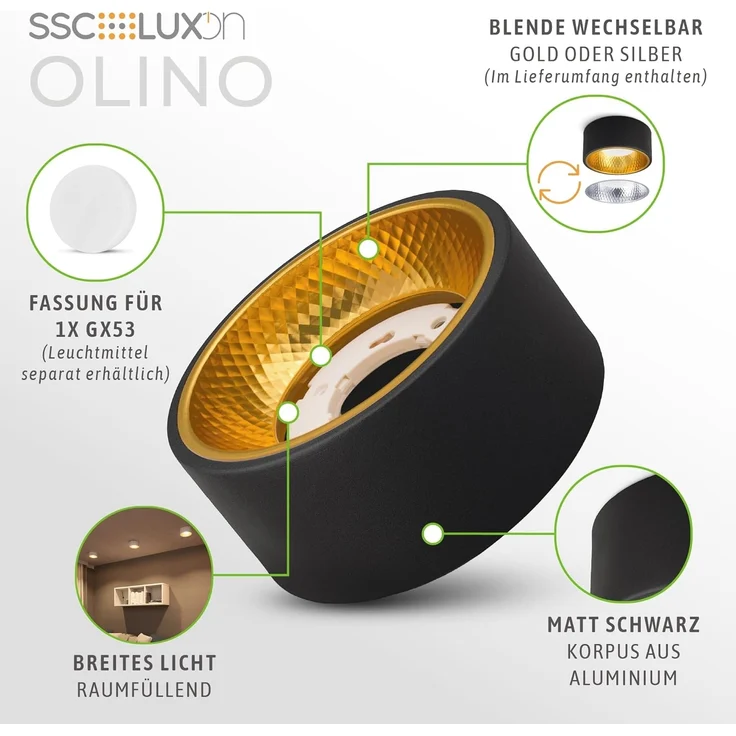 SSC-LUXon Aufbauleuchte OLINO Deckenlampe Spot Aufbauleuchte schwarz warmweiß GX53 Fassung – Bild 4