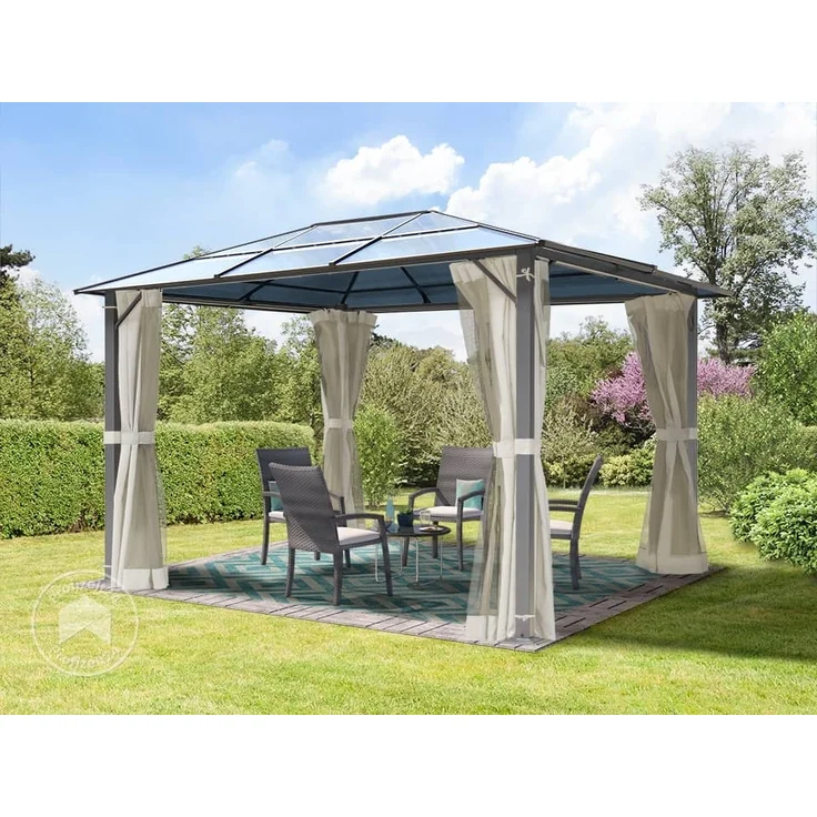 TOOLPORT Gartenpavillon 3x3,65 m Polycarbonat Dach ca. 6 mm - Hardtop Pavillon mit 4 Seitenteilen und Moskitonetzen in crème – Bild 1