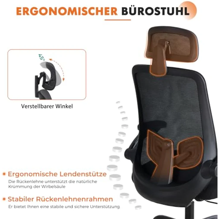 Sweetcrispy Ergonomischer Bürostuhl mit Kopfstütze & verstellbaren Armlehnen – höhenverstellbar, 360° drehbar, Gaming & Schreibtischstuhl für Homeoffice & Büro, Schwarz – Bild 5