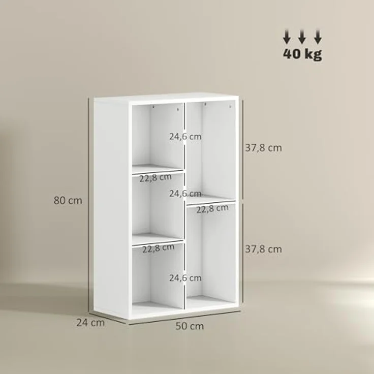 HOMCOM Bücherregal modernes Standregal mit 5 offenen Ablagefächern, freistehendes Ausstellungsregal 1-tlg, 50 x 24 x 80 cm, Weiß – Bild 4