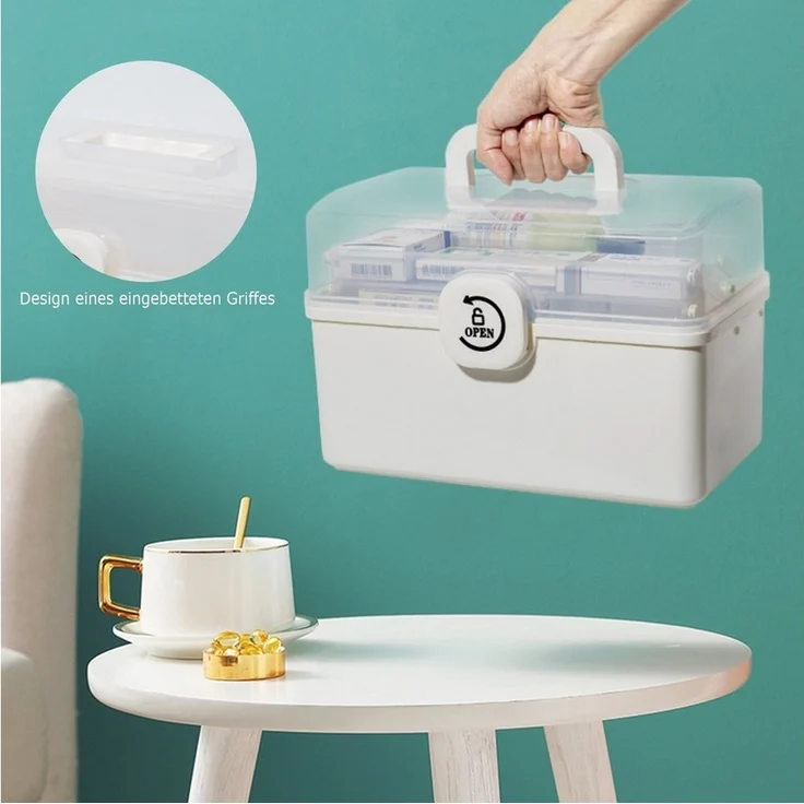 Zedelmaier Aufbewahrungsbox Medikamenten Aufbewahrung Medizinbox Apothekenbox HausapothekeBox Groß (STB106), Tragbar, Kindersicherung, 3 Treppenabteile – Bild 3