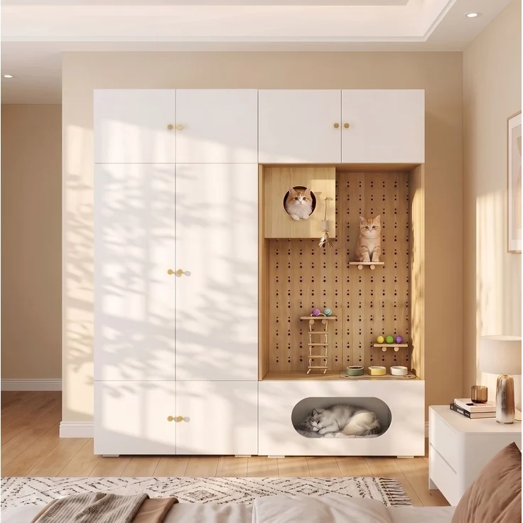 Kleiderschrank mit Katzenkletterwand 180 x 50 x 200 cm in Weiß und Holzoptik – Bild 3