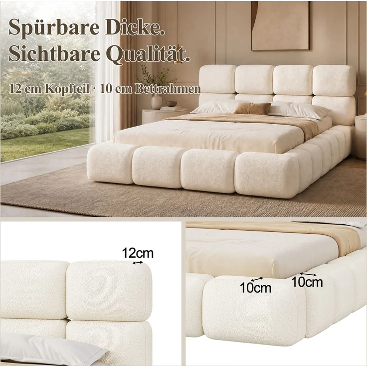 Gepolstertes Doppelbett, 160 x 200 cm, hydraulisch verstellbar, wolkenförmiges Bett, Stauraumbett, Bubble-Design, Lattenrost, mit Kopfteil und großem Stauraum, gepolstertes Kopfteil, weißer Schlingenveloursstoff. – Bild 5