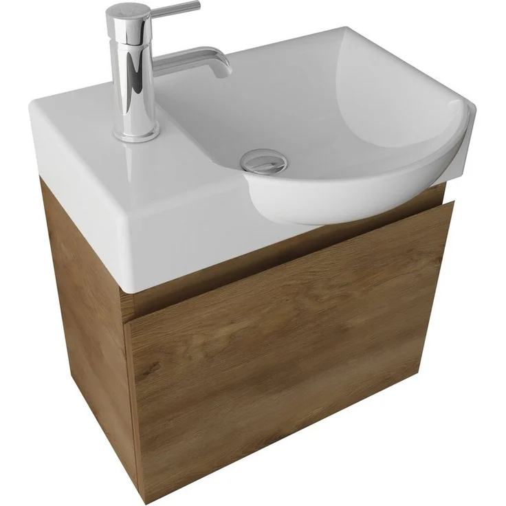 Alpenberger Badmöbel-Set - Gäste WC Waschbecken mit Unterschrank 45 cm Breit, (Badschrank 2-tlg, Waschtisch hängend), Waschbeckenunterschrank mit Softclose - Farbe Eiche - Rechts Becken – Bild 5
