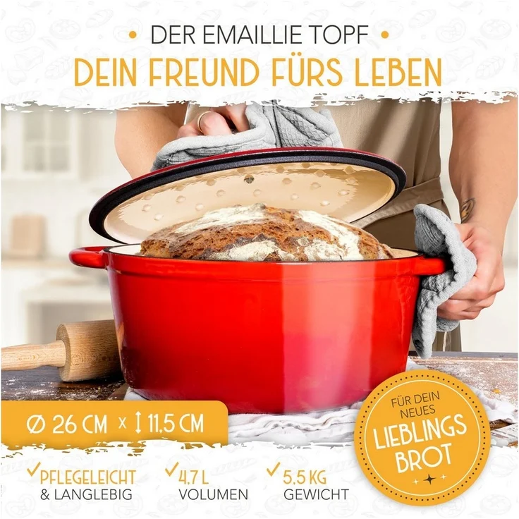 Krustenzauber Brotbackform Gusseisen Topf Brot Backen [inkl. Gärkorb] -, (Hochwertiger Emaille Topf), Idealer gusseiserner Brottopf zum Backen, Gusseisentopf Brotbacken – Bild 3