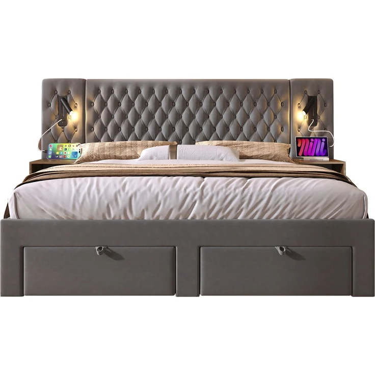 Polsterbett 160x200 cm mit 4 Schubladen, 2 Nachttischen, LED-Leselampen & USB/Type-C Ladeanschluss,Grau – Bild 10