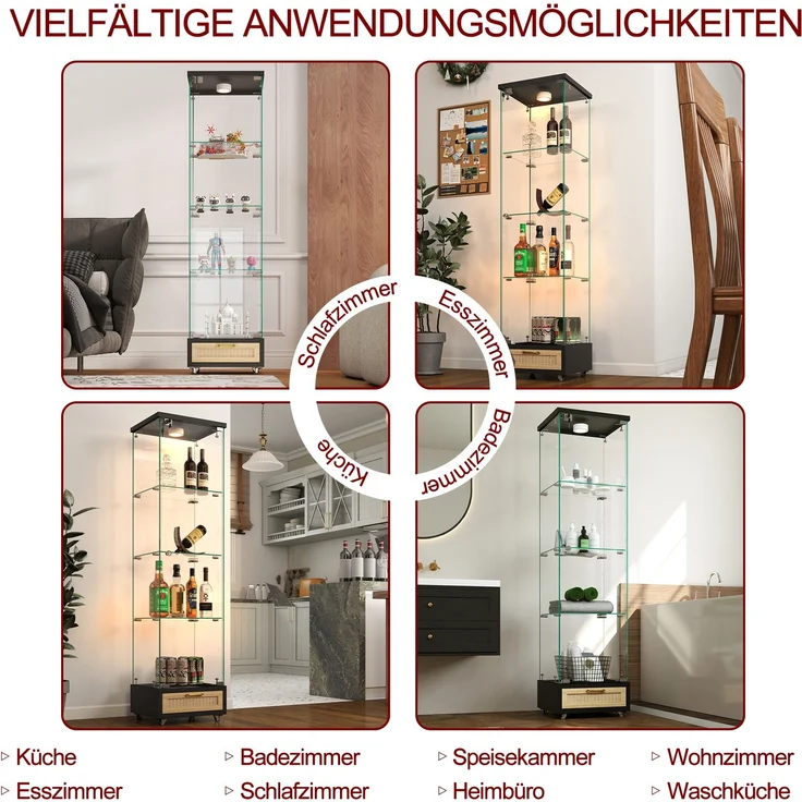 Moderne Glasvitrine mit Schubladen,Vitrine mit LED-Beleuchtung,Bücherregal aus gehärtetem Glas,Eintüriger Schrank mit vier EinlegebödenGeeignet für Wohn- und Schlafzimmer, schwarz-H167/B42.5/T36.5 cm--Schwarz--42.5x36.5x167cm--YOUDENOVA – Bild 10