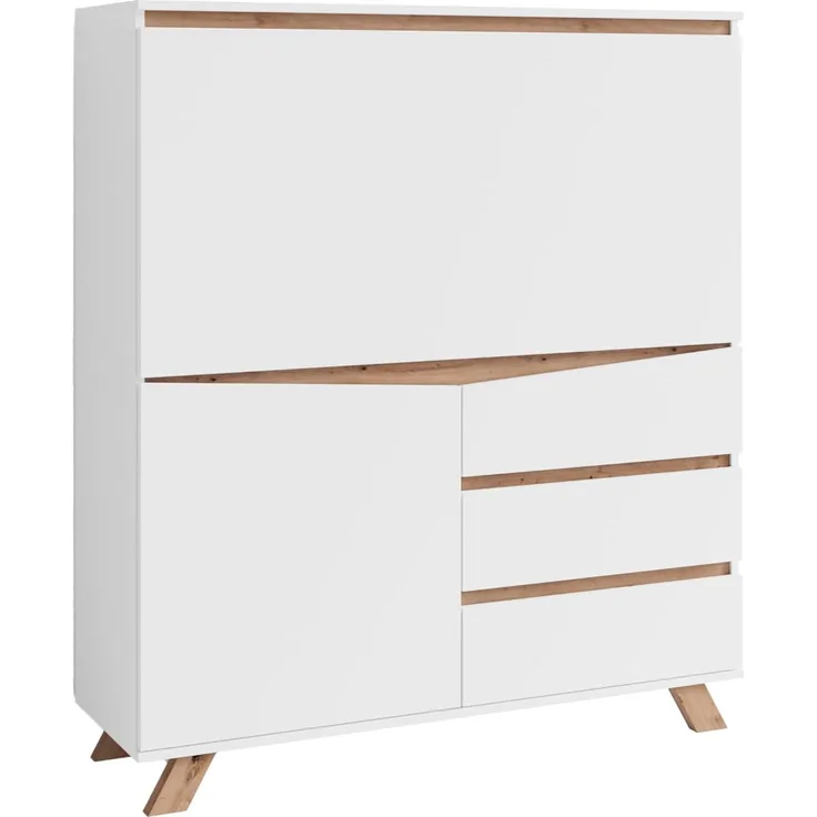 byLIVING Sekretär VALENTIN / Sekretär matt weiß mit Absetzung in Eiche-Optik / Office-Schrank mit 1 Tür und 3 Schubkästen / Scandi-Style / Grifflos / B 120, H 127, T 38 cm