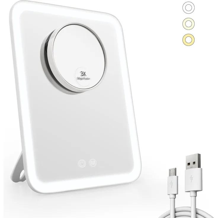 EMKE Kosmetikspiegel mit Beleuchtung, 3 Lichtfarben und 3X Fach Vergrößerungsspiegel Schminkspiegel mit licht-180° Drehbar USB Wiederaufladbar, Makeup Spiegel mit Vergrößerung