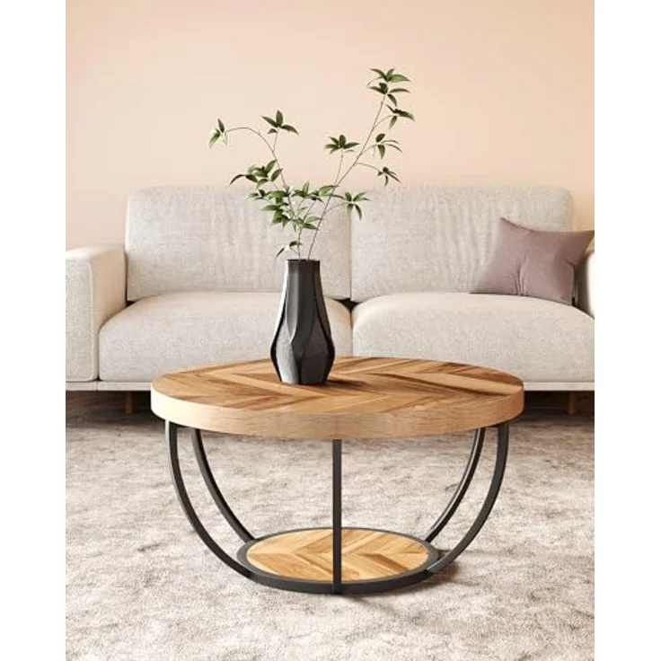 LITTLE TREE Runder Couchtisch, 81,3 cm, runder Couchtisch für Wohnzimmer, 2-stöckiger Holzakzent-Mitteltisch mit offenem Stauraum, Industrie-Design, Wohnmöbel (Holzmaserung und Schwarz) – Bild 9