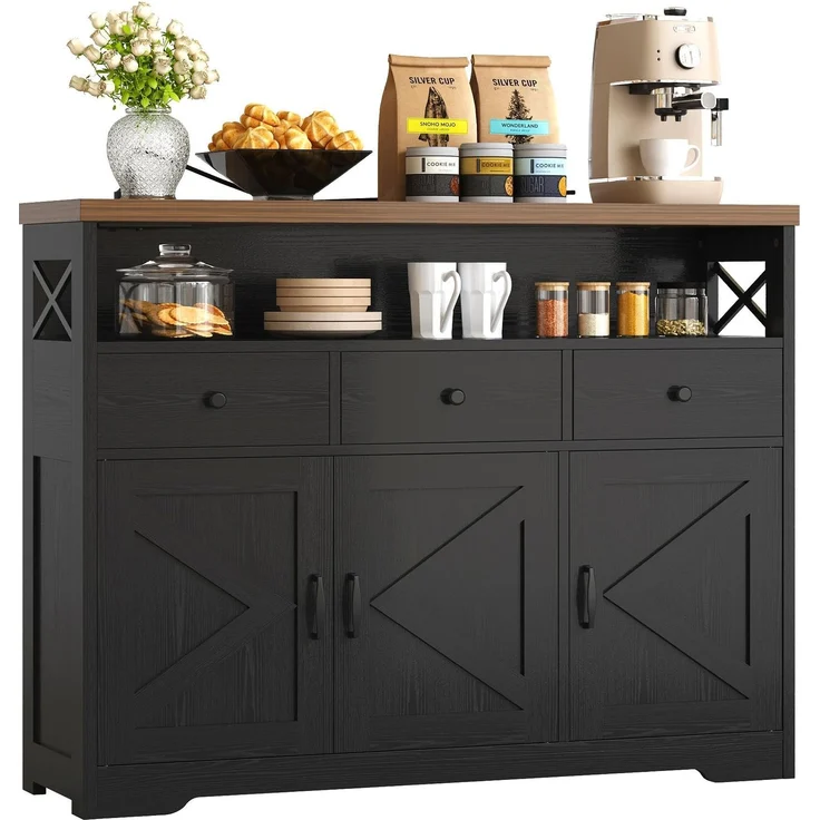IRONCK Küchenschrank Sideboard mit Steckdose 2AC+1USB+1C, Aufbewahrungsschrank 3 Schubladen 3 Türen, Küchenbuffet Kaffeebar Schrank für Wohnzimmer Esszimmer, verstellbare Ablage 107x35x95cm (Schwarz)