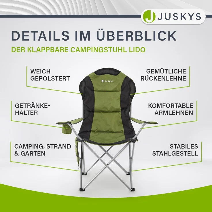 Juskys Campingstuhl Lido mit Getränkehalter & Tasche - Camping Klappstuhl gepolstert - Faltstuhl Angelstuhl Strandstuhl Chair - Stuhl Grün – Bild 5