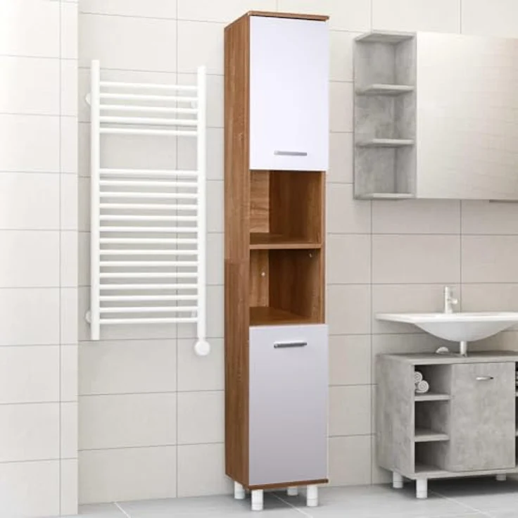 Shally Dogan Hocher, platzsparender Schrank mit 2 Türen, schmaler freistehender Schrank mit 4 Füßen, Mehrzweck-Aufbewahrungsregal, Wohnzimmer, Badezimmer, Küche, Bücherregal, Büro (Weiß + Eiche) – Bild 2