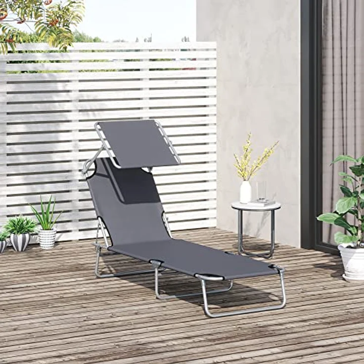 Outsunny Sonnenliege Gartenliege Wellnessliege Strandliege klappbar mit Sonnenschutz Grau 187 x 58 x 36 cm – Bild 3