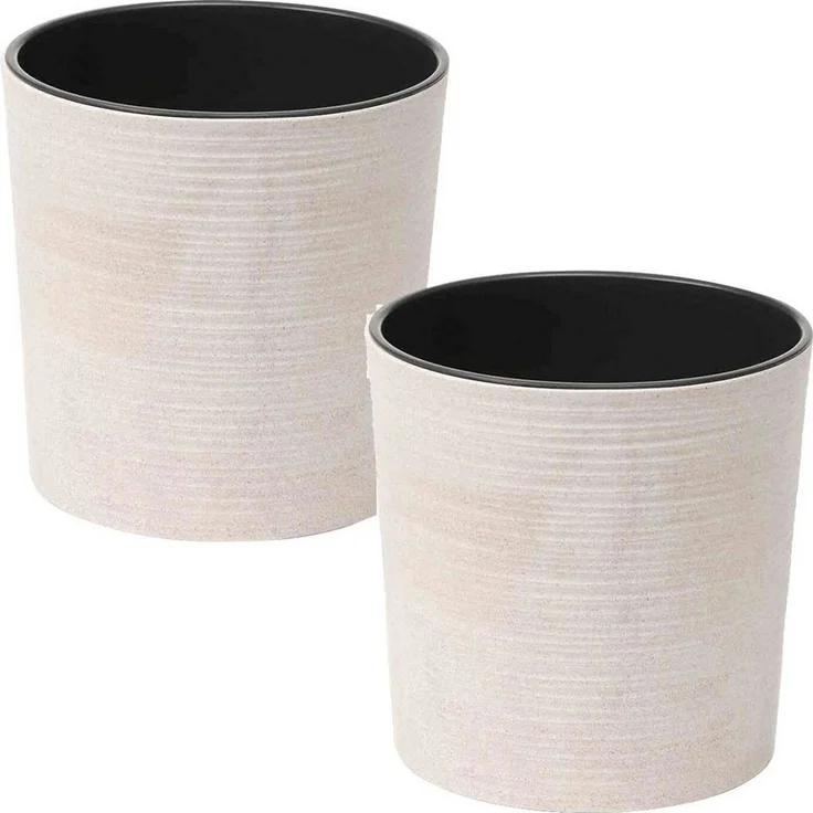 Pflanzgefäß LOCON 2er-Set weiß Ø 25 × H 25,5 cm – Kunststoffgefäße in Rillenoptik mit Holzfaseranteil und schwarzem Einsatz für Garten Balkon und Wohnraum – Bild 3