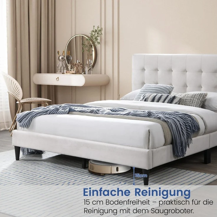 Home Collective Polsterbett 140x200 & 160x200 cm mit Lattenrost und weichem Bezug, Bettgestell (Doppelbett mit gepolstertem Kopfteil, robustes Gestell, hoher Liegekomfort), Kassettensteppung, 140x200 cm, Beige – Bild 2