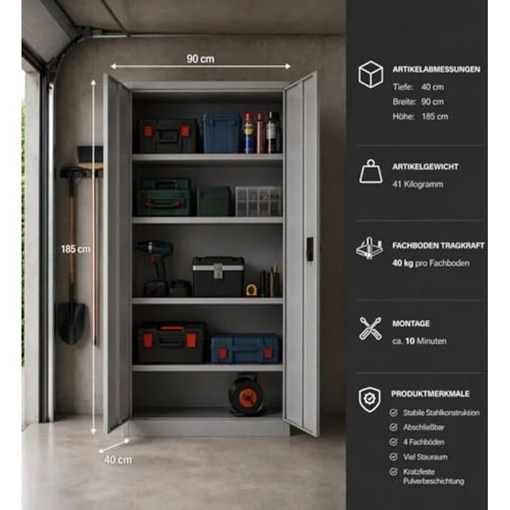 BISLEY Flügeltürenschrank Toolless, 4 Lackierte Fachböden, H 1850 x B 900 x T 400 mm, Werkzeuglose Selbstmontage, 5 OH, Lichtgrau, Abschließbarer Aktenschrank – Bild 3