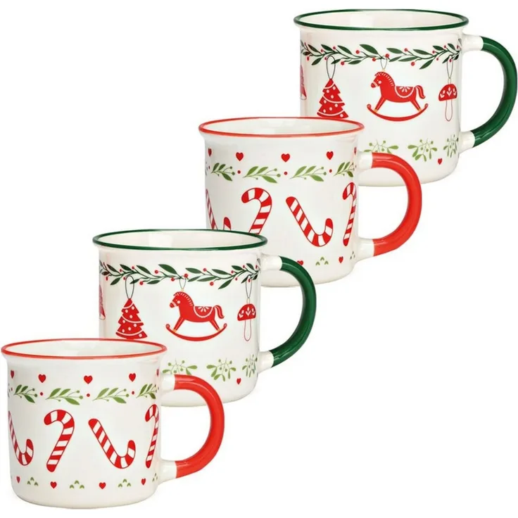 matches21 HOME & HOBBY Tasse Email-Optik Weihnachts-Tassen 4er Set rot grün in 9 cm, 350 ml, 4-tlg, Keramik, Spülmaschinenfeste Kaffeetassen Kaffee-Becher als Glühweintassen