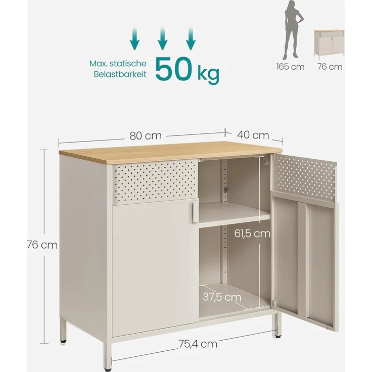 SONGMICS Metallschrank, mit Doppeltür, Magnetverschluss, verstellbarer Einlegeboden, Stahlgestell sandbeige-naturbeige, 40 x 80 x 76 cm – Bild 3