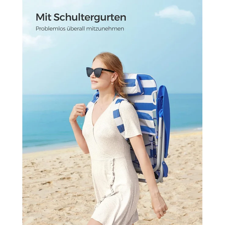 SONGMICS Strandstuhl, faltbar mit Schultergurt, verstellbarer Rückenlehne & Kopfstütze, Blau / Weiß – Bild 5