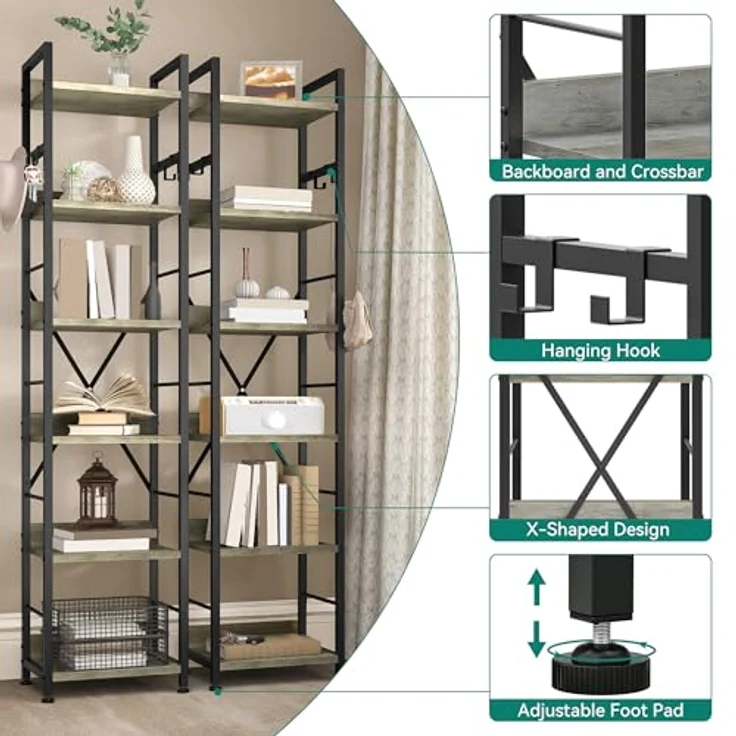 YITAHOME Bücherregal mit 6 Ebenen, Industrielles Standregal, Metallrahmen und Holzregale, Hohes Lagerregal mit 4 Haken, Präsentationsorganizer, für Wohnzimmer, Heimbüro, Grau Regal – Bild 4