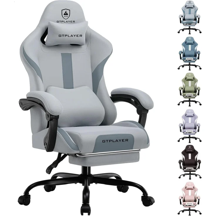 GTPLAYER Gaming-Stuhl Ergonomischer Gaming Sessel Schreibtischstuhl Gamer Stuhl aus Stoff, Federsitzkissen mit Fußstütze, Grau – Bild 1