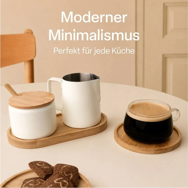 MiaMio Milch- und Zuckerset mit Serviertablett, mattweiß (5-tlg), Edelstahl, Sahnekännchen 330 ml und Zuckerdose 270 ml – Bild 2