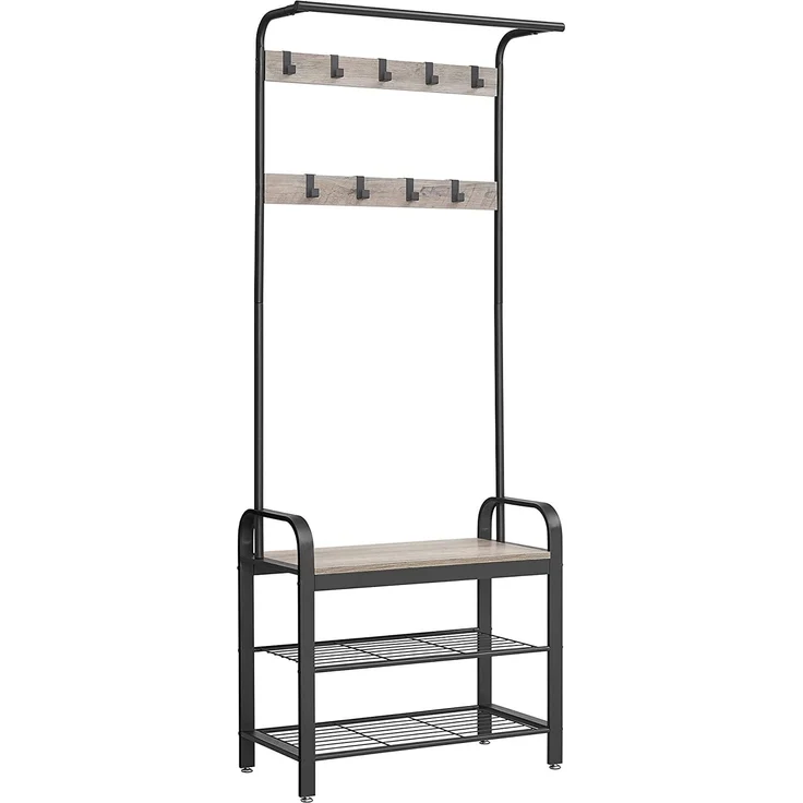 Vasagle Garderobenständer, Garderobe, Schuhregal mit Sitzfläche, Kleiderständer mit 9 abnehmbaren Haken, Sitzbank, 2 Gitterablagen, 183 cm hoch, Indus [HSR40 MB] – Bild 1