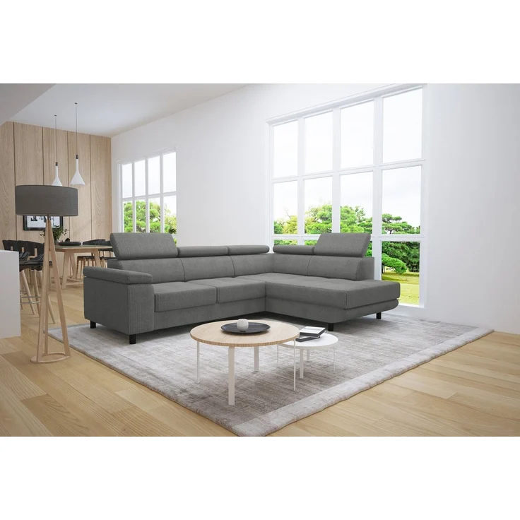 thematys Ecksofa LUNA L 250 x 183 cm, mit Schlaffunktion, mit Bettkasten, mit verstellbaren Kopfstützen, Hellgrau (Poso 55), Ausrichtung Rechts – Bild 1