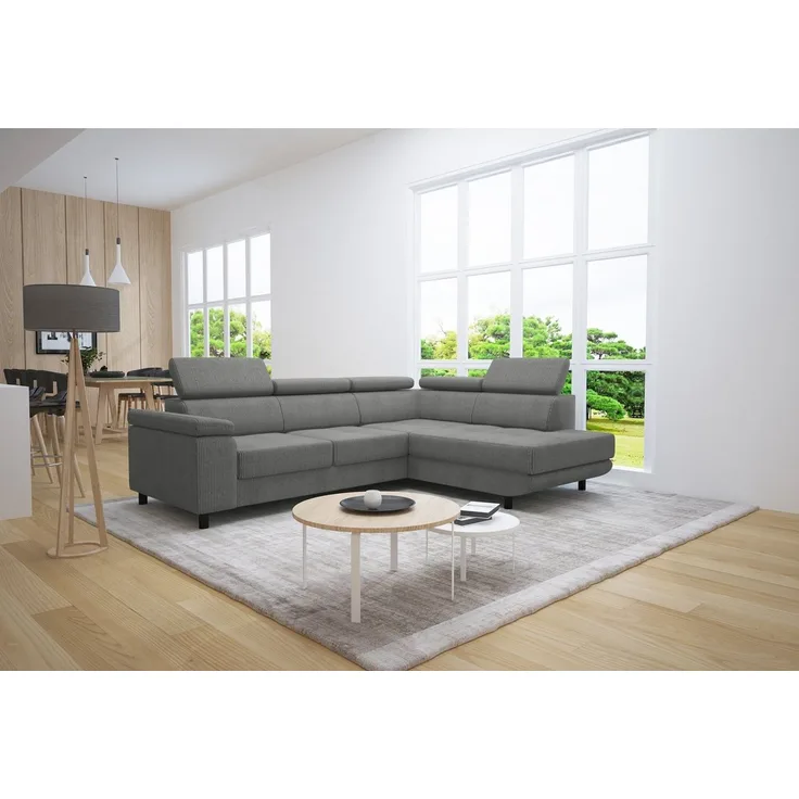 thematys Ecksofa LUNA L 250 x 183 cm, mit Schlaffunktion, mit Bettkasten, mit verstellbaren Kopfstützen, Hellgrau (Poso 55), Ausrichtung Rechts