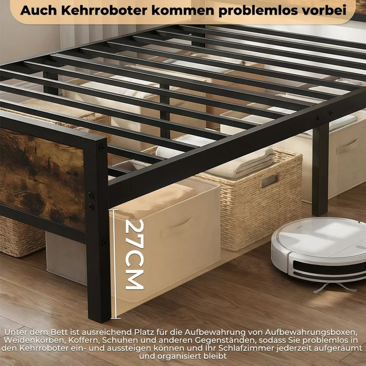 PFCTART Metallbett Bettgestell 140x200 Vintage, Stahl & MDF, Holzoptik für Betten (Set, 1-tlg, Industriedesign, wasser- & kratzfest, betten, bettrahmen & lattenroste), 360 kg Tragkraft, 90 cm Kopfteil, 27 cm Bodenfreiheit, schwarz – Bild 4