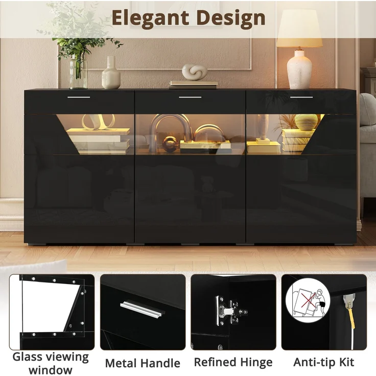 ZUBALIYA Sideboard 160x38x78 cm, mit LED-Beleuchtung, Hochglanz, mit 3 Türen, aus Spanplatte, Schwarz – Bild 14