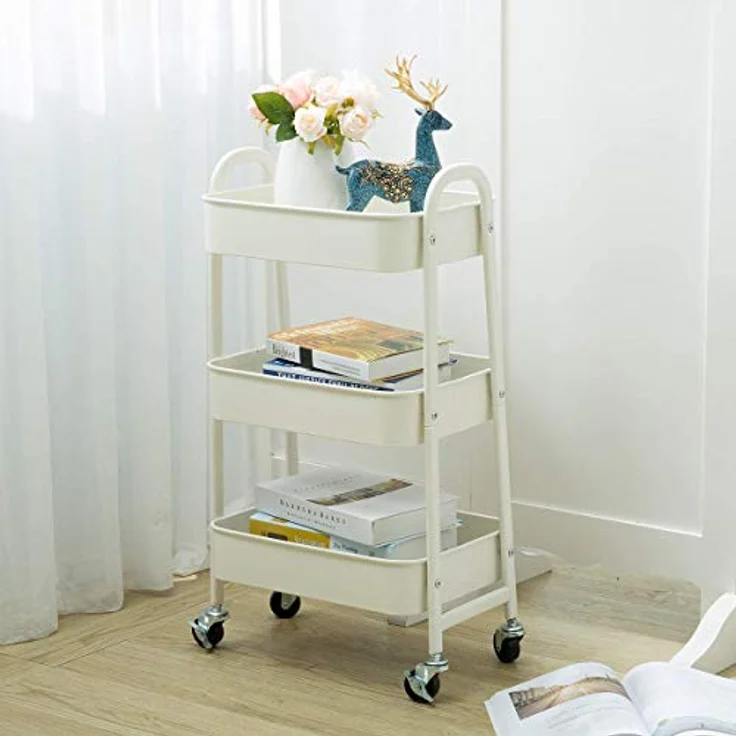 DOEWORKS Rollwagen Metall Servierwagen Küchenwagen Aufbewahrungswagen 3-Etagen Utility Cart Organizer Wagen mit Rädern für Wohnzimmer Schlafzimmer Make-up Badezimmer Büro, Weiß – Bild 5