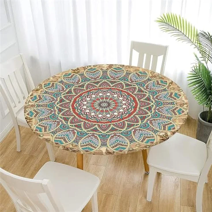 FANSU Tischdecke Abwaschbar Rund 120cm, Ideal für 100cm-110cm, Mandala Elastisch Rund Outdoor Tischdecken Modern Wasserdicht Fleckschutz Tische Gartentischdecke für Küche – Bild 2