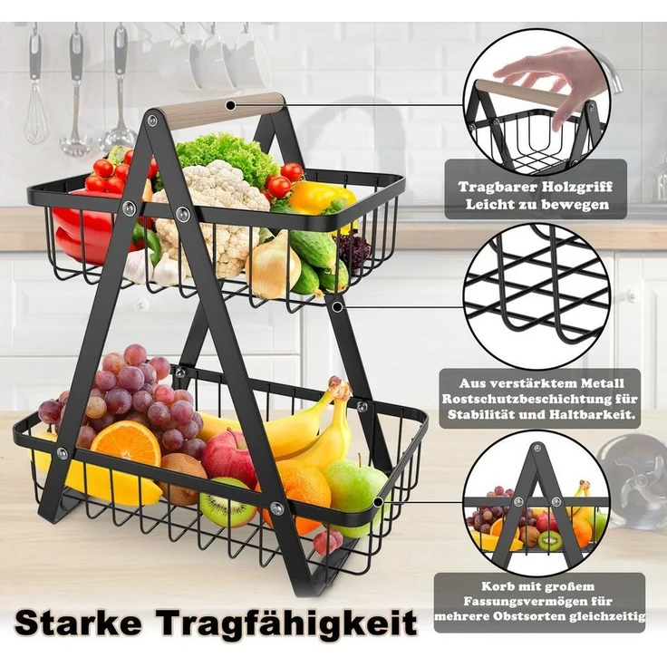 FIVMEN Obstschale Obst Etagere Obstkorb Metall Obst Schüssel Halter ​Brotkorb Ablagekorb, mit Holzgriff Tortenständer Gemüsegestell für Küche, 2 Etagen/3 Etagen – Bild 2