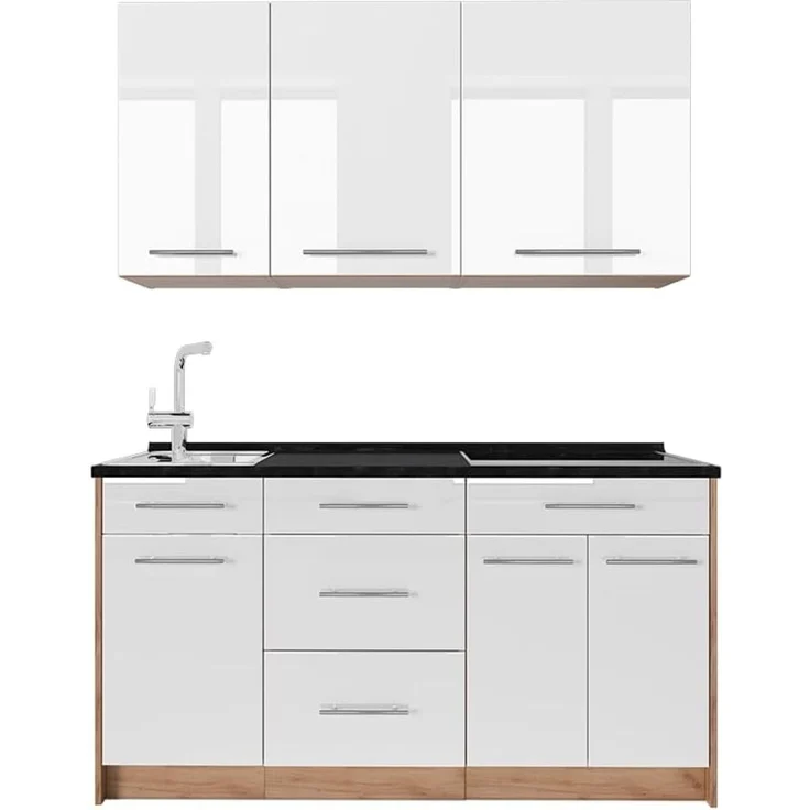 Singleküche Fame-Line Weiß Hochglanz/Goldkraft Eiche 150 cm ohne Arbeitsplatte Vicco – Bild 1