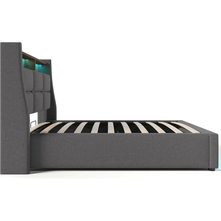 EINHOM Polsterbett mit USB 90 x 200 cm, LED Einzelbett mit Lattenrost aus Metallrahmen, Bettgestell aus Leinenmaterial Jugendbett, Grau (Ohne Matratze) – Bild 7