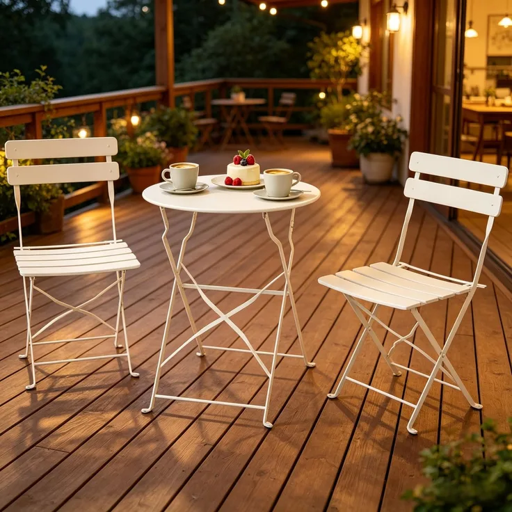 Esstisch 58 x 58 x 70 cm mit 2 Klappstühlen, Metall, Creme, für Balkon und Garten