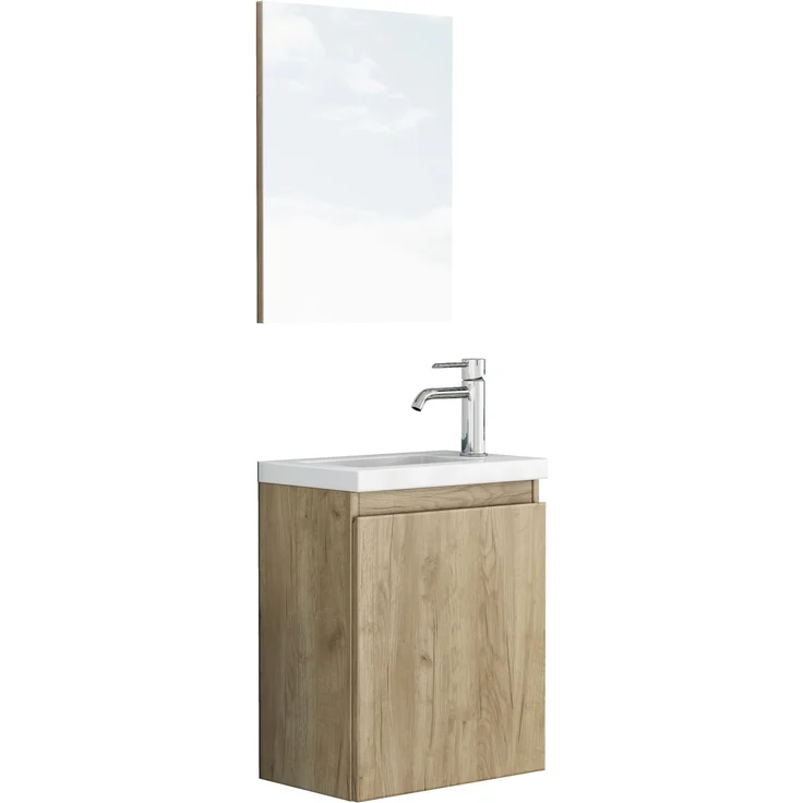 Wandmontierter Waschtischunterschrank, H 48 x T 39.8 x B 24.8 cm, MDF in Oak-Holzoptik, mit Keramikbecken und Spiegel – Bild 8