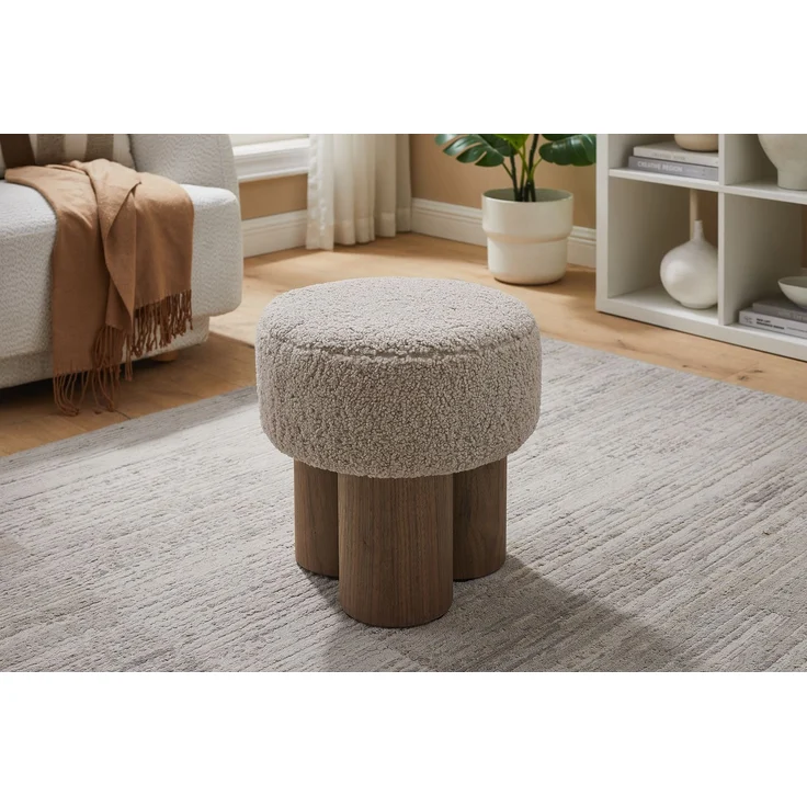 SalesFever Sitzpouf Ø 50 cm – Runder Hocker mit Teddyfell-Sitzfläche & Holzfurnier – Bild 5